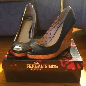 Fergalicious by Fergie black peep toe wedge heel, 9 1/2